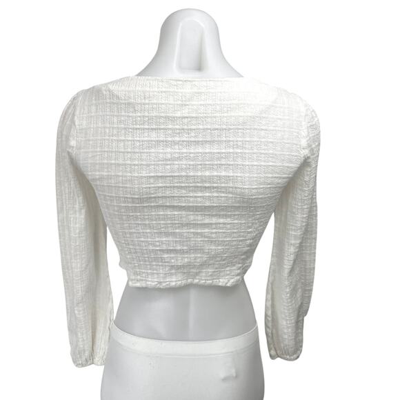 Line & Dot Fall For You White Long Puff Sleeve V-neck Button Crop Blouse Top XS - Picture 2 of 4